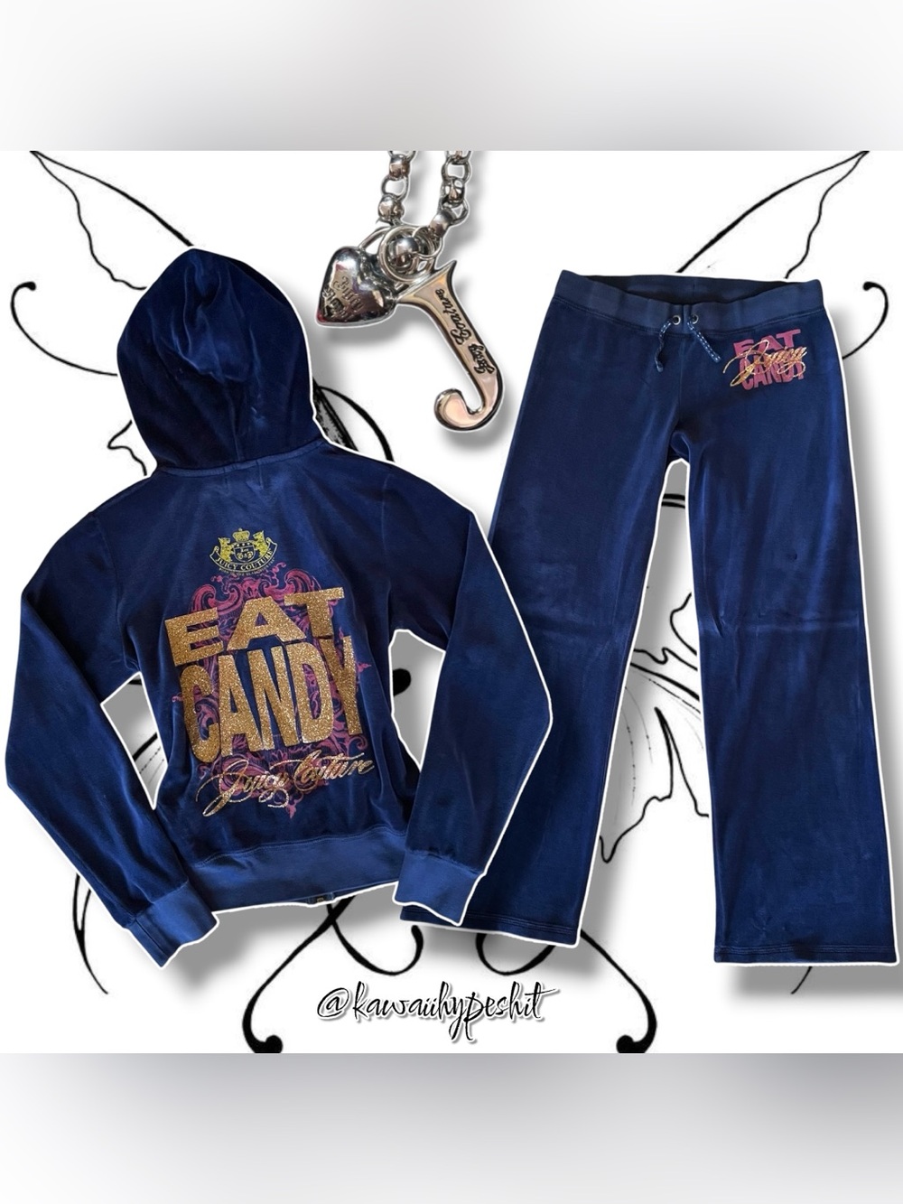 Juicy Couture Blue/Multicolor Velour 'EAT CANDY' Hoodie & Pants Tracksuit Set